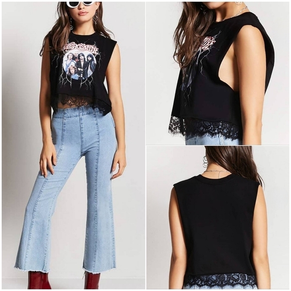 Forever 21 Aerosmith Black Printed Sleeveless Lace Hem Crop Top - Picture 1 of 6